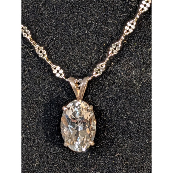 Genuine White Topaz Large Oval Pendant Women 18in Sterling Silver Diamond Cut